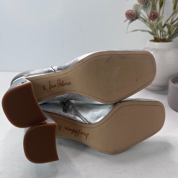 Sam Edelman Codie2 Leather Square Toe Block Heel Boot Silver Metallic Women 5.5M - Picture 9 of 10